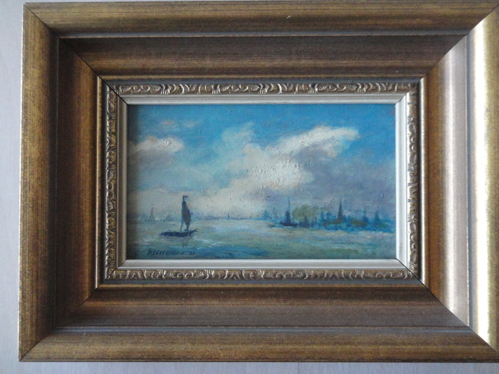 Johannes (Jan) Heesterman, olieverf op paneel, varend bootje met zicht op stadje kopen? Bied vanaf 85!