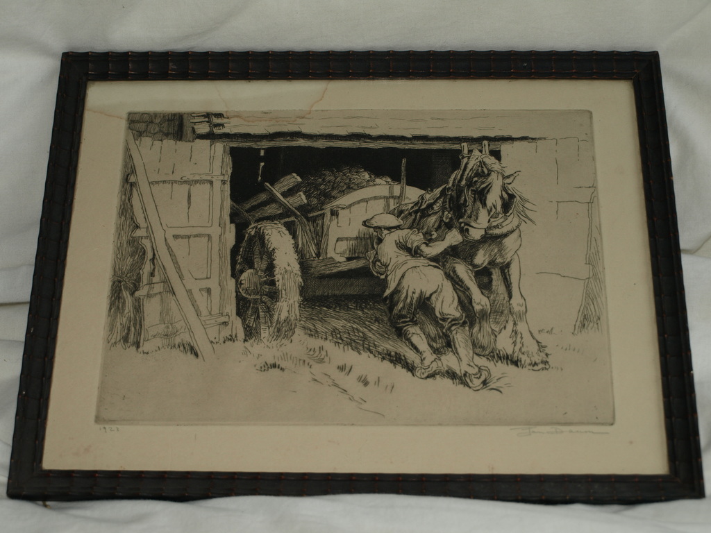 JAN DAUM (1892-?) – Ets – Boer met paard – Gesigneerd & ingelijst – 1922 kopen? Bied vanaf 75!