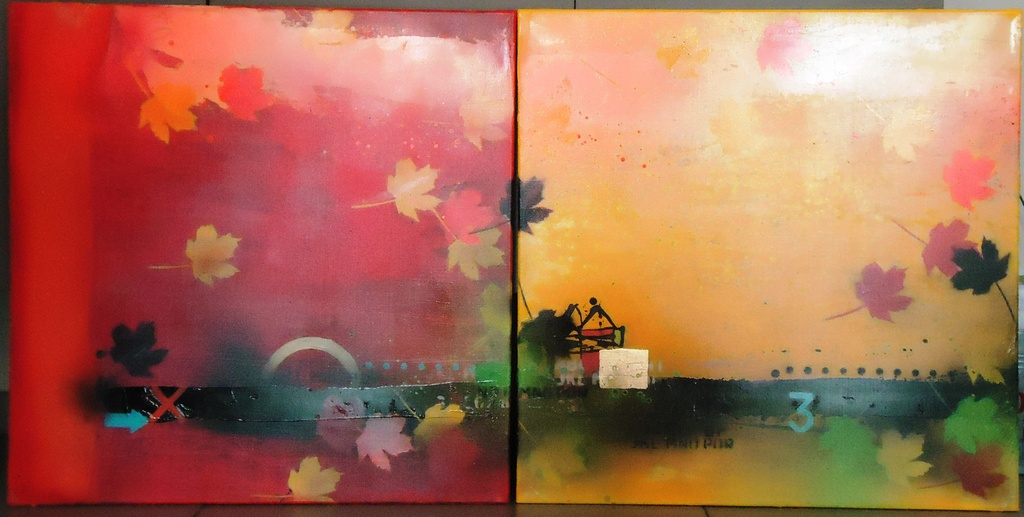 Theo Koster, Autumn Leaves, Uniek tweeluik 80x80, origineel op canvas verkocht voor € 250!