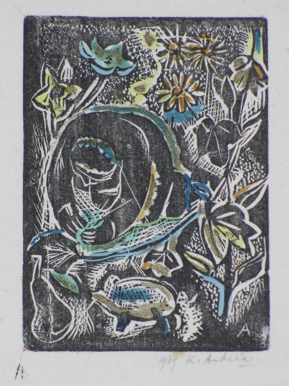 Kees Andrea, Bloementuin, Kleurenhoutsnede verkocht voor € 35!