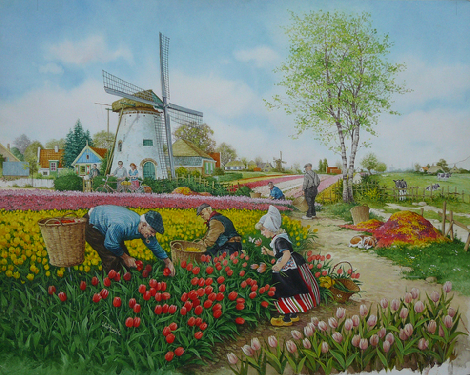 J.C. van Hunnik: 'Dutch Spring' -gemengde techniek, circa 1985-  verkocht voor € 110!