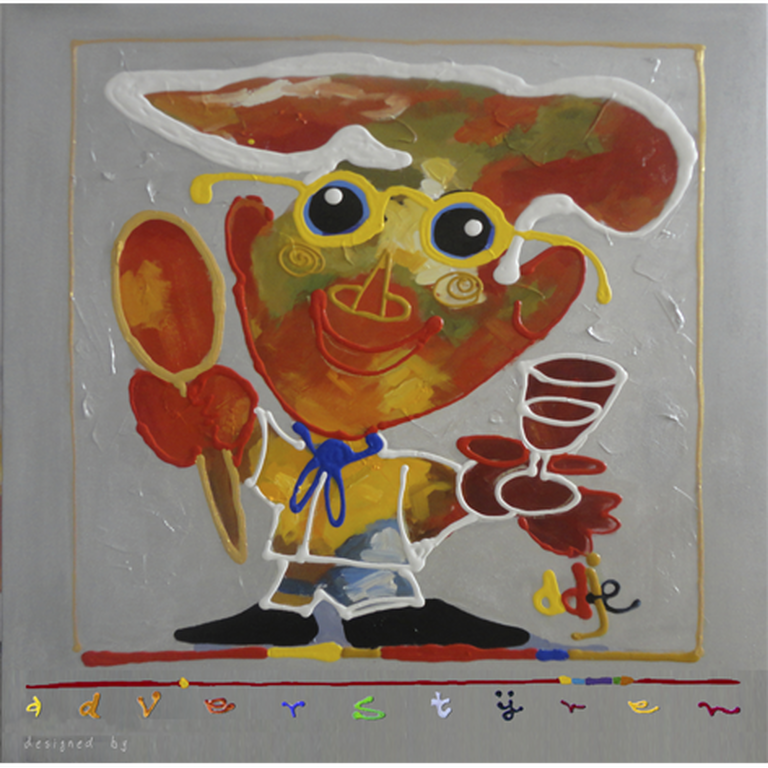 AD VERSTIJNEN, schilderij: acrylverf op linnen 'TopKok (100x100 cm.)' verkocht voor € 275!
