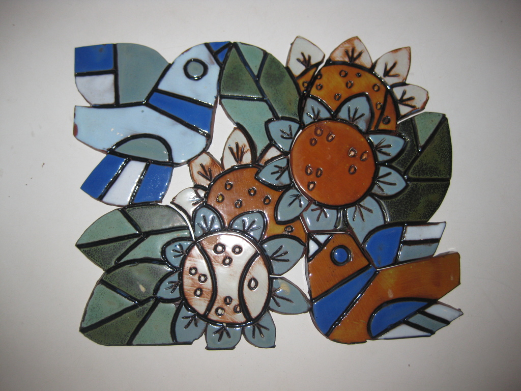 Tegeltableau van Henk Potters, Oisterwijk - zonnebloemen en vogels verkocht voor € 40!