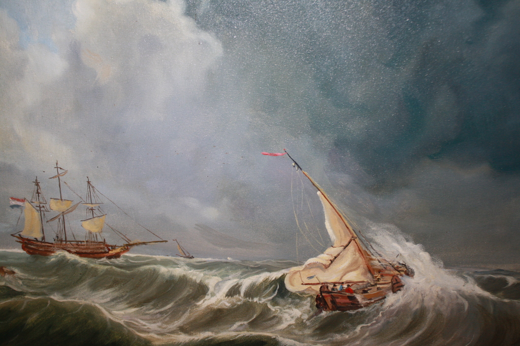 RH OLDEMAN  - ZEEGEZICHT MET VISSERSBOTEN in storm kopen? Bied vanaf 175!