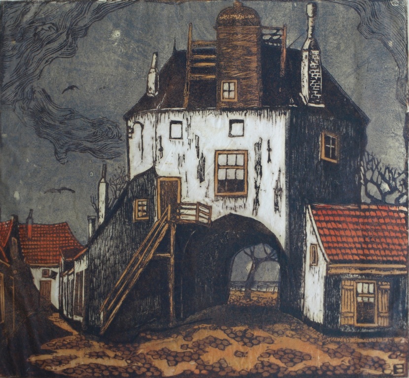 Louis Haver : Houtsnede , Huis met poort – Gesigneerd – ca 1950 kopen? Bied vanaf 35!