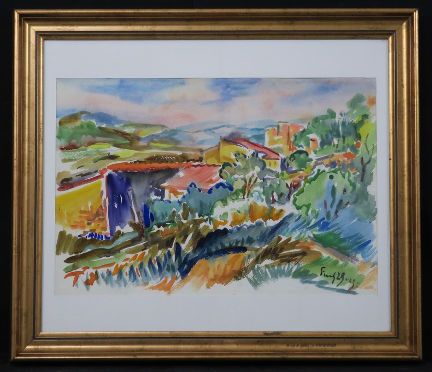 Freek van den Berg: Aquarel, Landschap - Ingelijst sold for € 200!