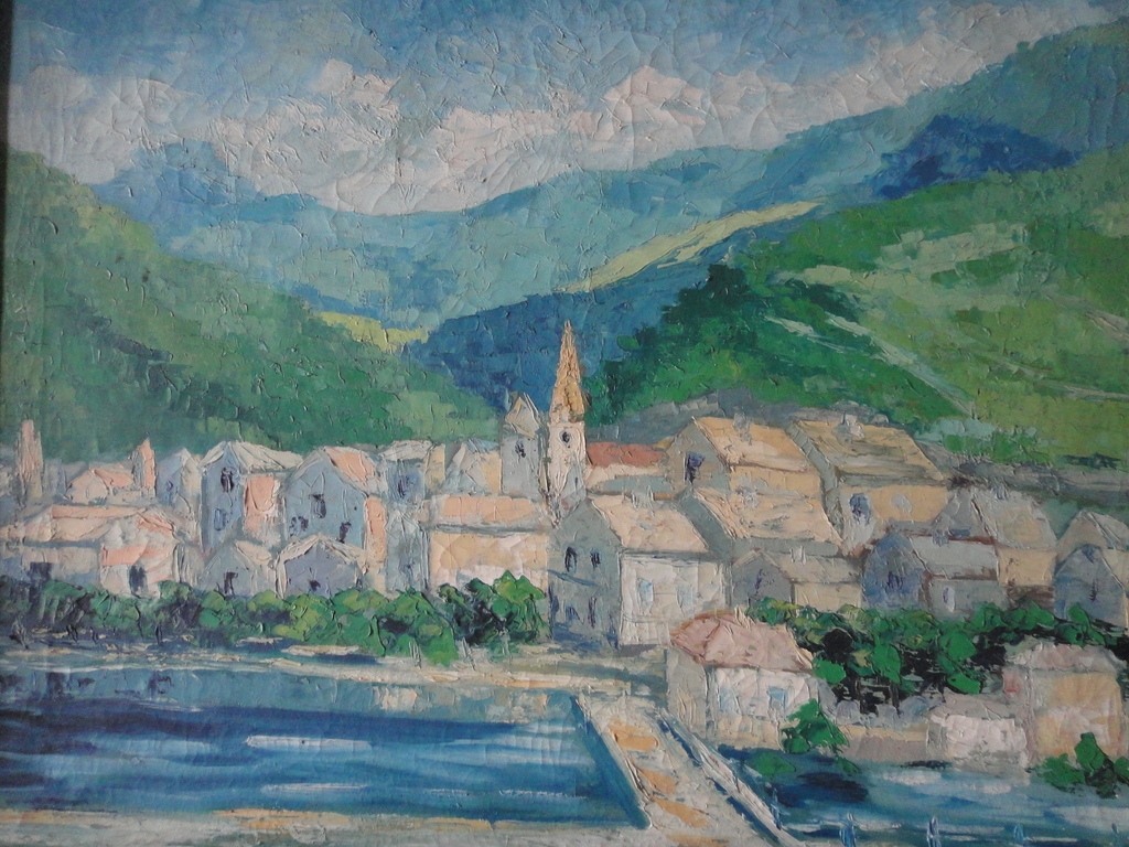 Franse school(?) - olieverf op doek - bergdorp aan rivier kopen? Bied vanaf 1!