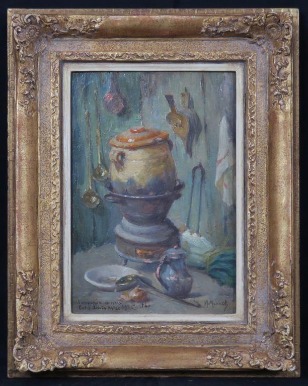 Maurice Louis Monnot: Olieverf op paneel, Les ustensiles de cuisine - Ingelijst verkocht voor € 70!