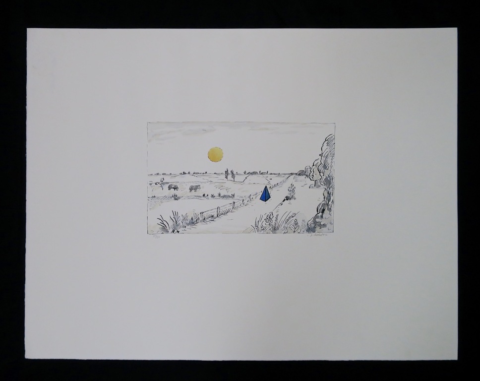 Pieter Holstein: Handgekleurde ets, Landschap met blauwe piramide verkocht voor € 46!