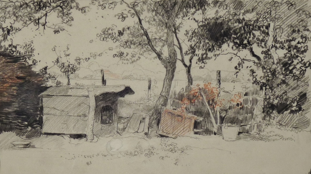 Cornelis Vreedenburgh - Cornelis Vreedenburgh, Krijttekening, Tuin met hondenhok, Met atelierstempel kopen? Bied vanaf 140!