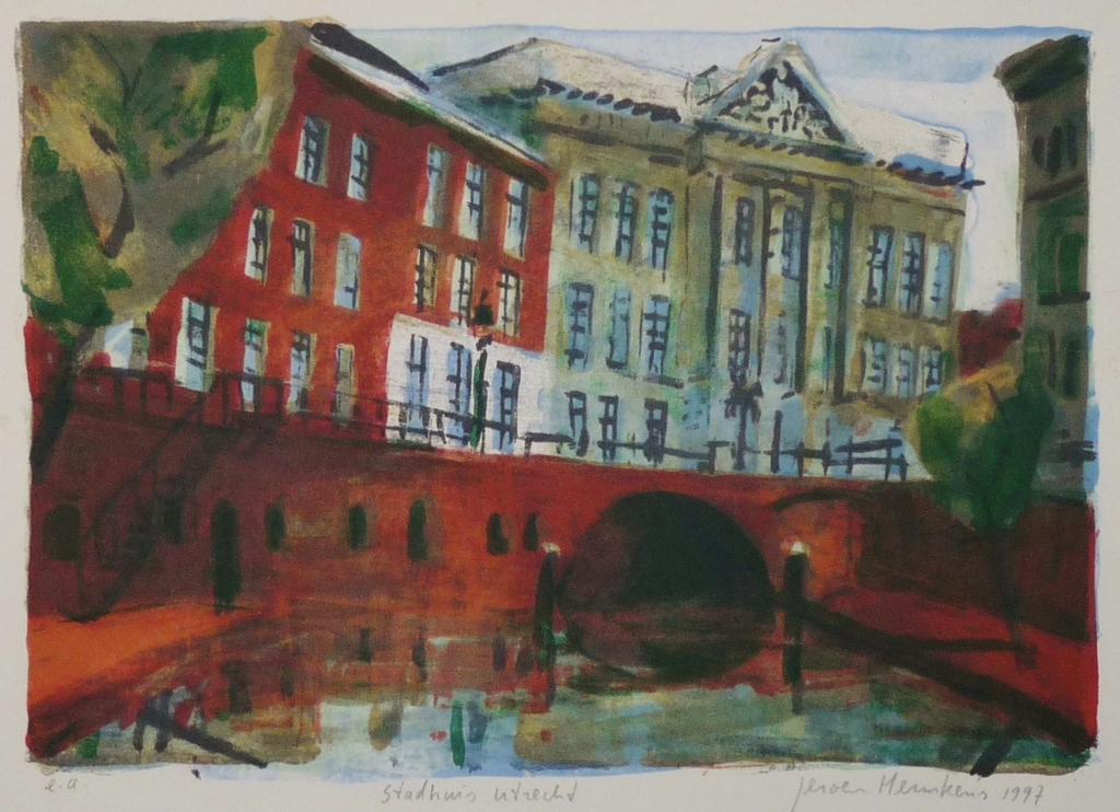 Jeroen Hermkens: Kleurenlitho, Stadhuis Utrecht verkocht voor € 90!