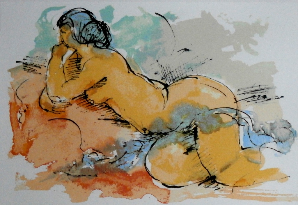 Nic Jonk - ingelijste zeefdruk: vrouwelijk naakt - 15 jaar beeldentuin Nic Jonk verkocht voor € 75!