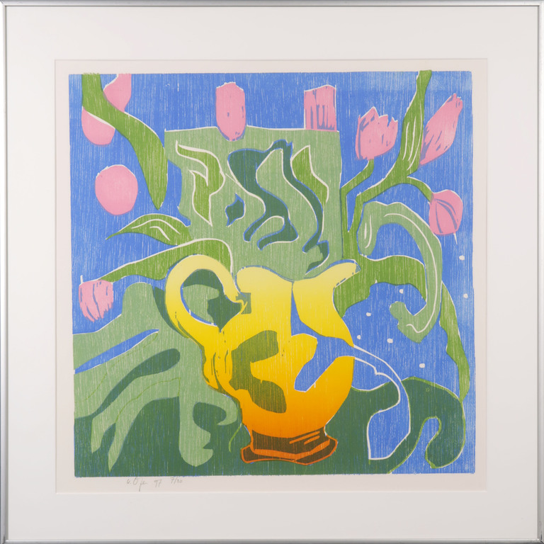 Vincent van Ojen - Vincent van Ojen: Houtsnede, Geel kannetje met tulpen - Ingelijst verkocht voor € 46!