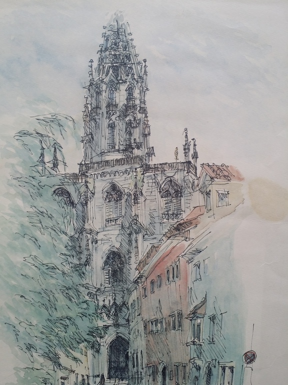 Onbekend. Aquarel en pen. Stadsgezichten 2x kopen? Bied vanaf 1!