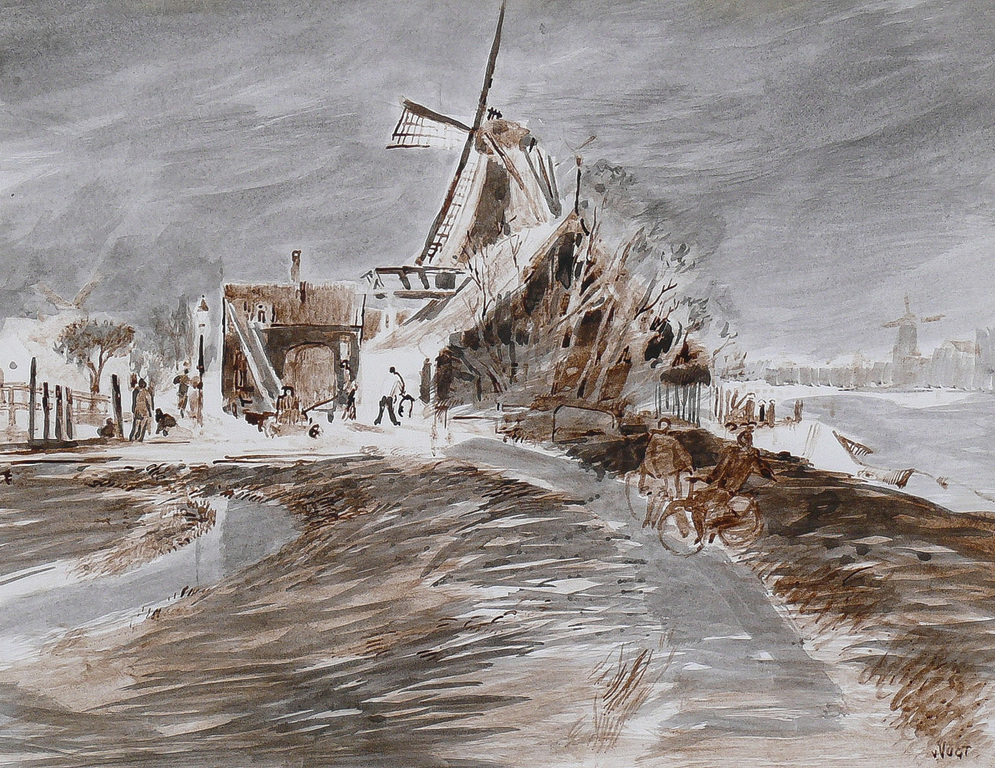 Huib van Vugt: Aquarel, Holllands landschap kopen? Bied vanaf 70!