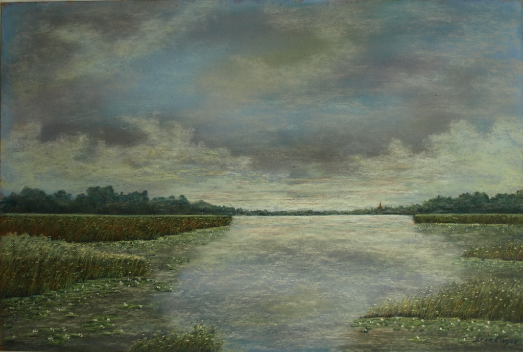 Onduidelijke signatuur :  Pastel - Watergezicht – ingelijst – Oud verkocht voor € 35!