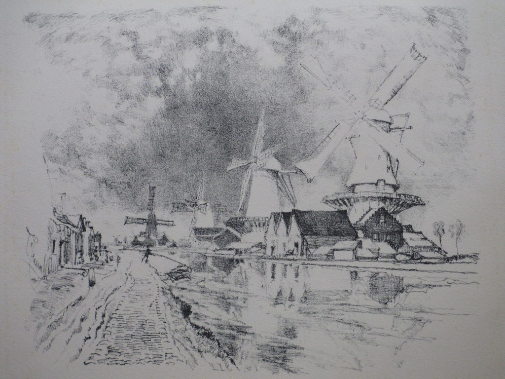 Joseph Pennell, Hollands dorp met molens langs een kanaal, Litho kopen? Bied vanaf 1!