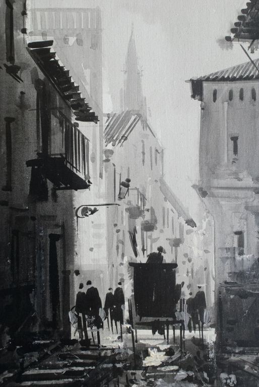  Jim Z "Mediterraan Stadsbeeld met Koets". Olie op schilderkarton. kopen? Bied vanaf 1!