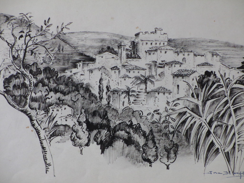 Ina Hooft, Gezicht op Mediterraan bergdorp, Inkttekening kopen? Bied vanaf 1!