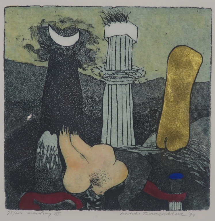 Michel van Overbeeke: Handgekleurde Ets met Bladgoud, Meeting III - Ingelijst verkocht voor € 60!