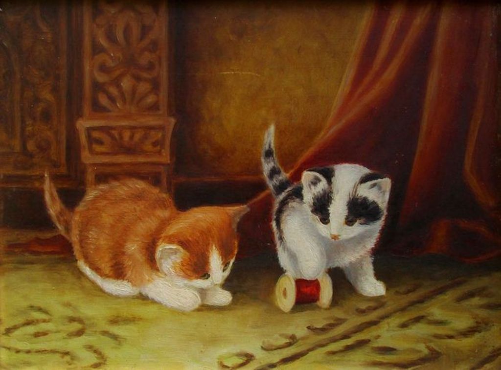 Kunstenaar onbekend: Acrylverfj, 2 kittens spelemd met een klosje garen kopen? Bied vanaf 20!