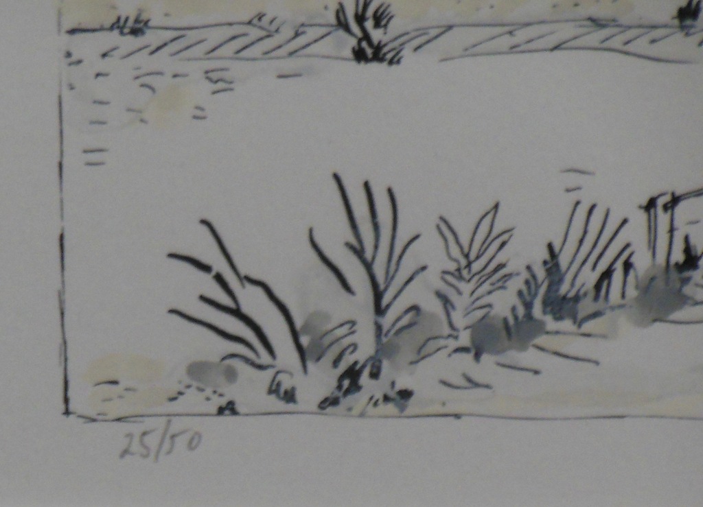 Pieter Holstein: Handgekleurde litho, Landschap met blauwe piramide -Ingelijst kopen? Bied vanaf 35!