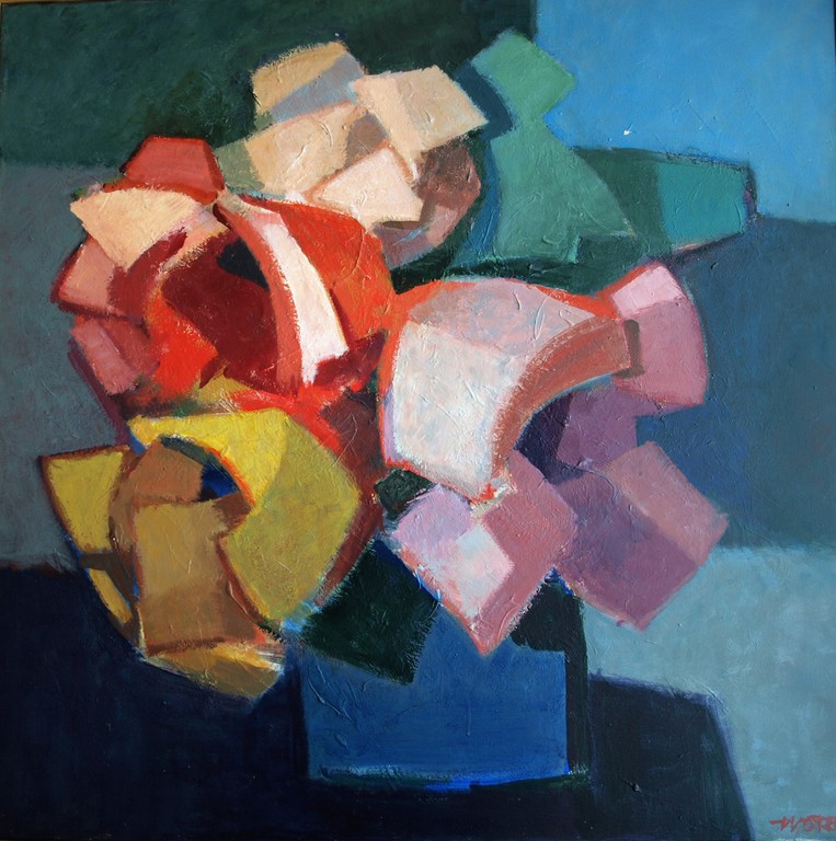 Onduidelijke signatuur : Olieverf op doek , Rozen in blauwe vaas - GROOT  kopen? Bied vanaf 1!