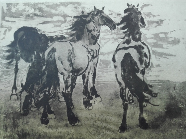 Gesigneerd onbekende kunstenaar, ets op zijde, Wilde paarden, impressionisme kopen? Bied vanaf 1!