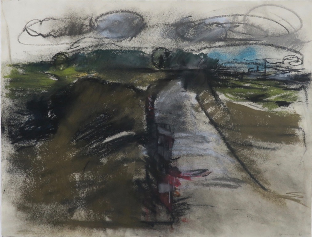 Emmy Eerdmans: Krijttekening, Rivierlandschap - Ingelijst kopen? Bied vanaf 35!