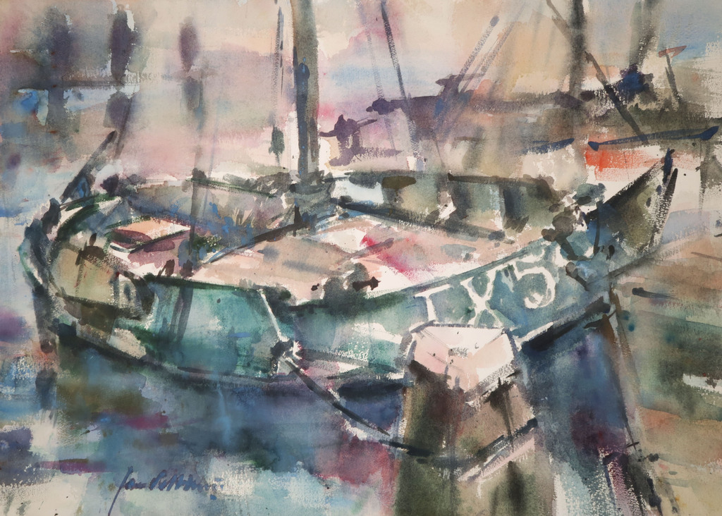 Jan Velthuis: Aquarel, afgemeerde boten verkocht voor € 40!