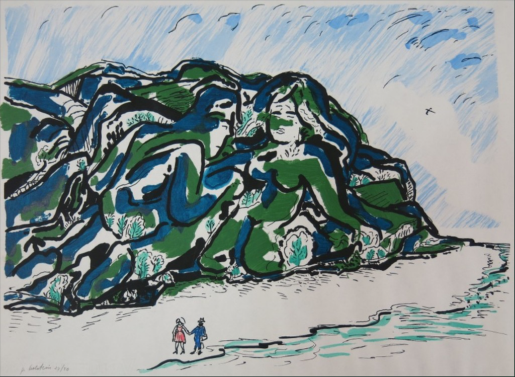 Pieter Holstein: Ingekleurde litho, Figuren in de bergen kopen? Bied vanaf 20!