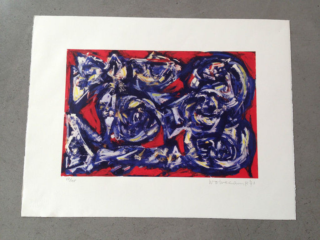 WOLVECAMP, Gelimiteerde en HANDGESIGNEERDE Zeefdruk Abstracte compositie 1991 kopen? Bied vanaf 199!