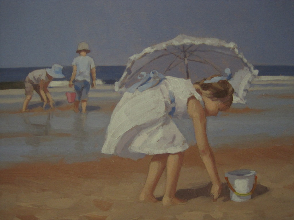 Jan Engel - olieverf - "strandplezier" - verstild realisme gesigneerd verkocht voor € 180!