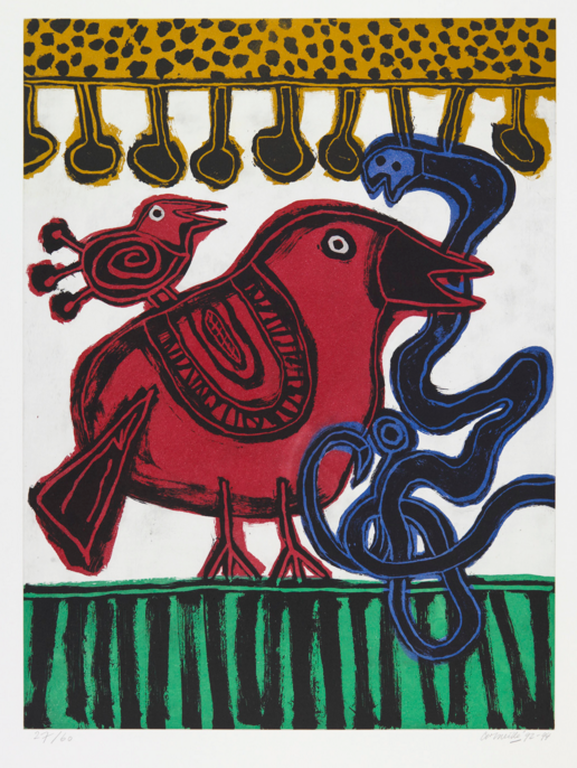 Corneille: Ets en Aquatint, L´oiseau chasseur de serpent (zeer groot) verkocht voor € 750!