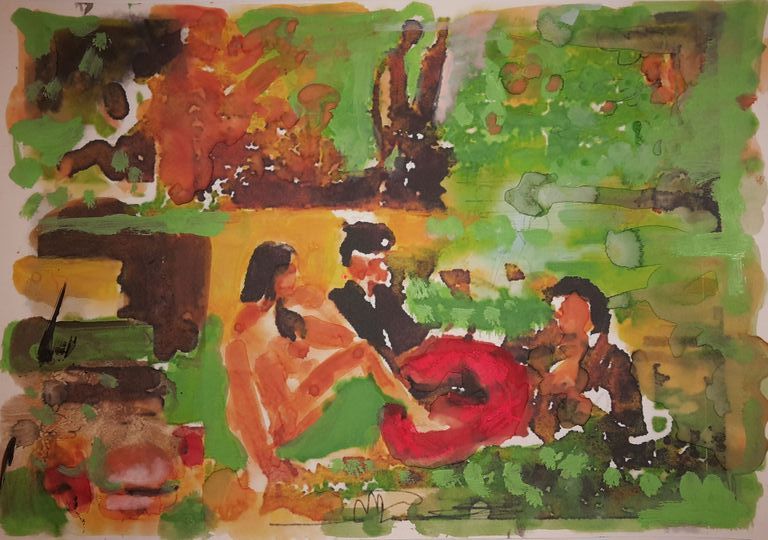 Peter Klashorst - Dejeuner sur l'herbe - gemengde techniek op papier  gesigneerd kopen? Bied vanaf 1!