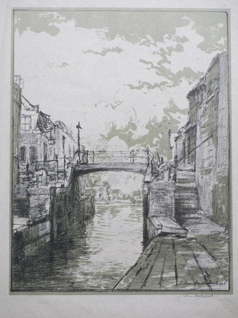 Johan van Mastenbroek, Grachtgezicht in stad, Litho in groen kopen? Bied vanaf 1!