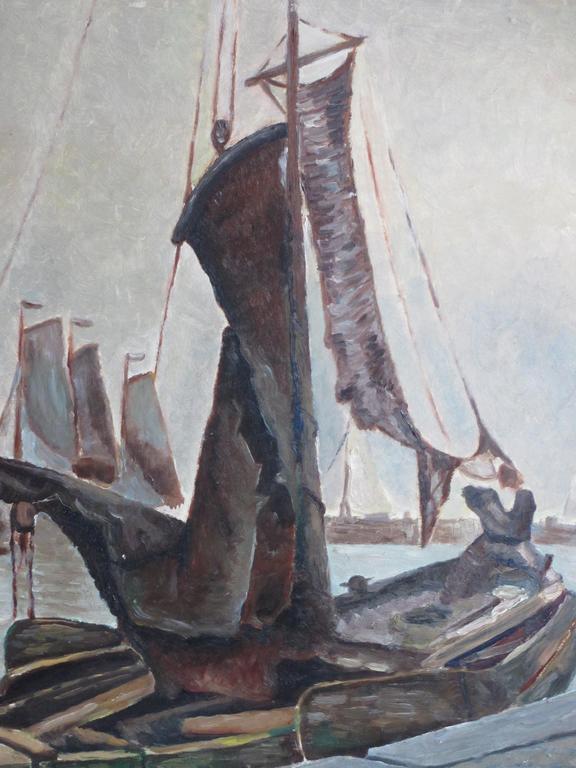 Onbekende kunstenaar, Schepen in vissershaven, Olie op board kopen? Bied vanaf 1!