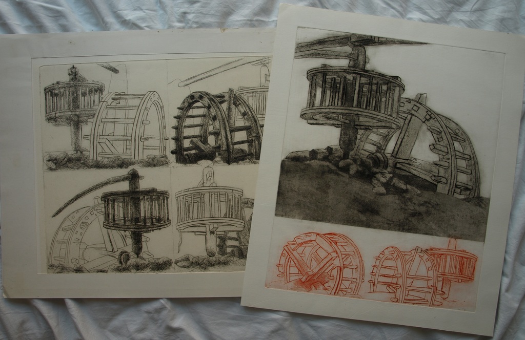 Walter Barten : 2x Ets , Het Rad – gesigneerd – ca 1978 verkocht voor € 35!