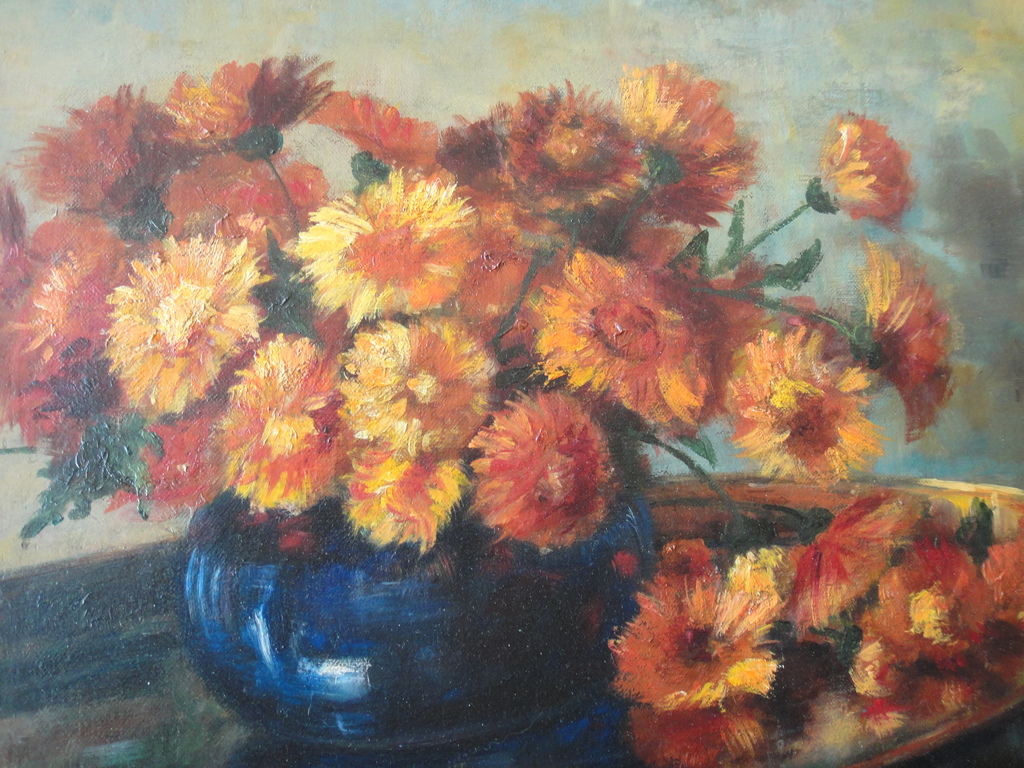 Engelse school-olieverf op board-klassiek stilleven met chrysanten in vaas kopen? Bied vanaf 95!