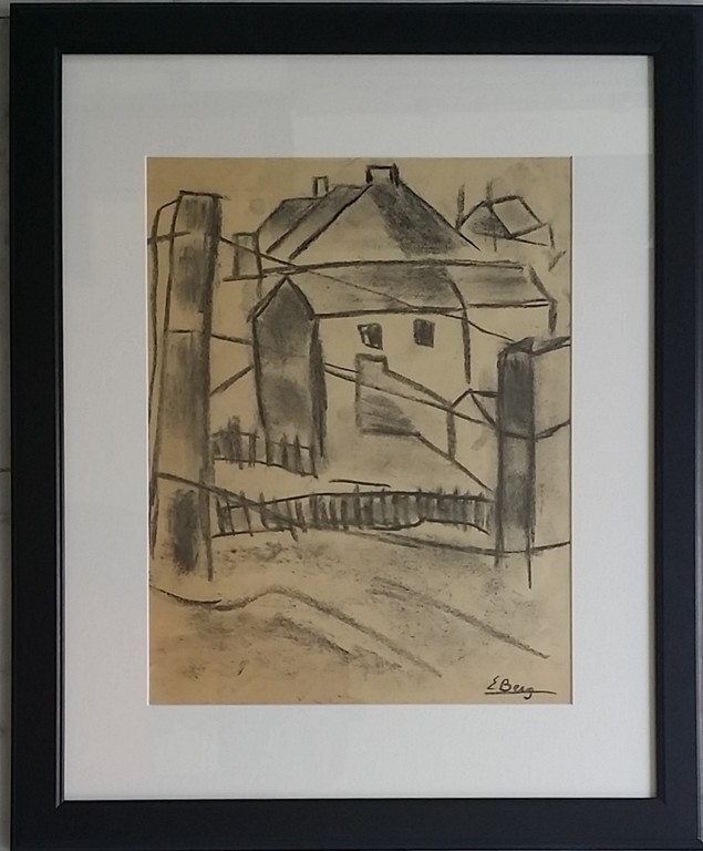 Else Berg - Else Berg - Houtskool op papier - huisjes in landschap kopen? Bied vanaf 325!