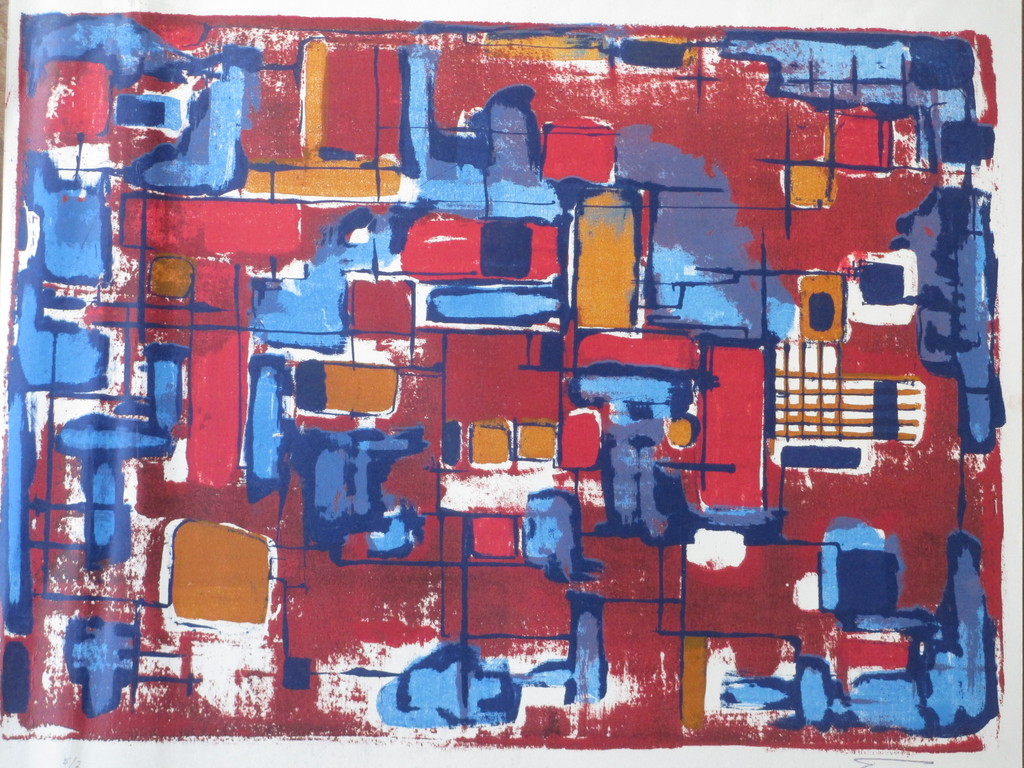 Wim Motz, Compositie in rood en blauw, Kleurenlitho verkocht voor € 80!