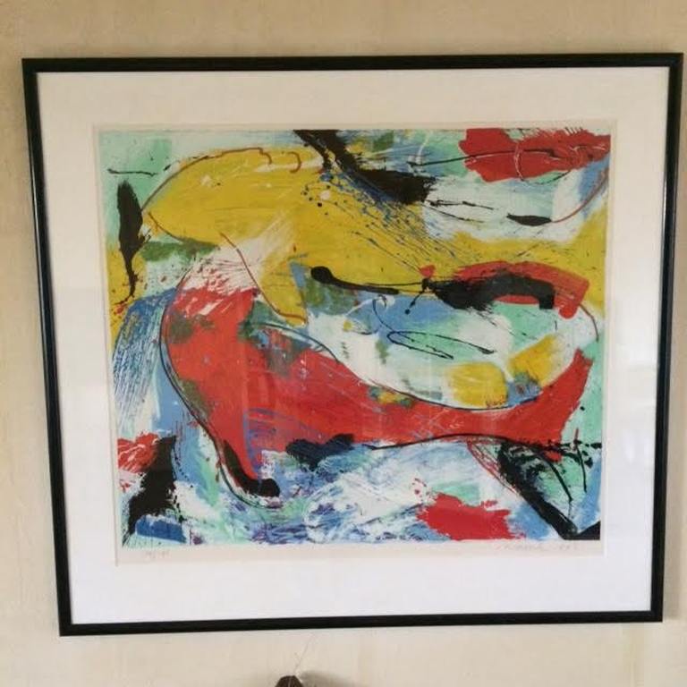 Nic Jonk  Grote  Kleurrijke Zeefdruk Titel "Dolfins" (ingelijst) verkocht voor € 175!