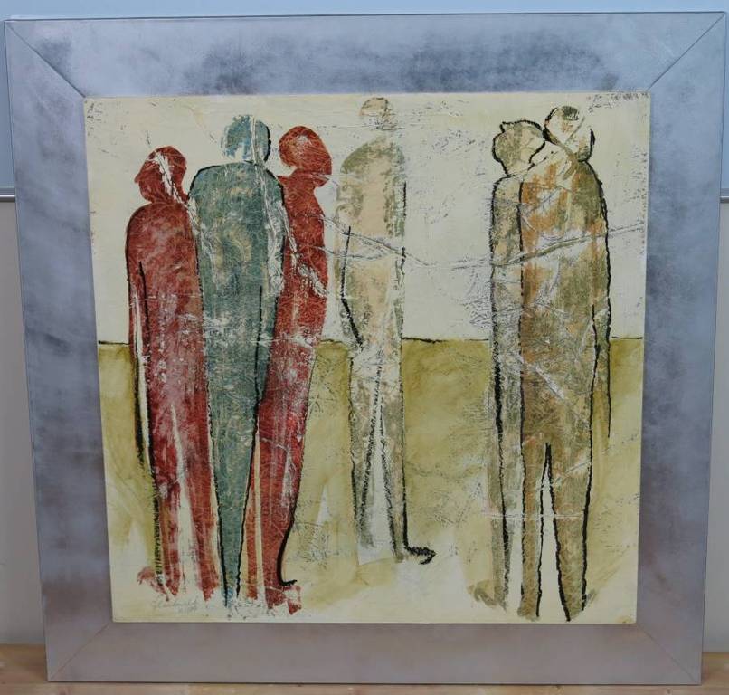 Carla Raadsveld: Gemengde Techniek op paneel, People I - Ingelijst (groot) verkocht voor € 120!