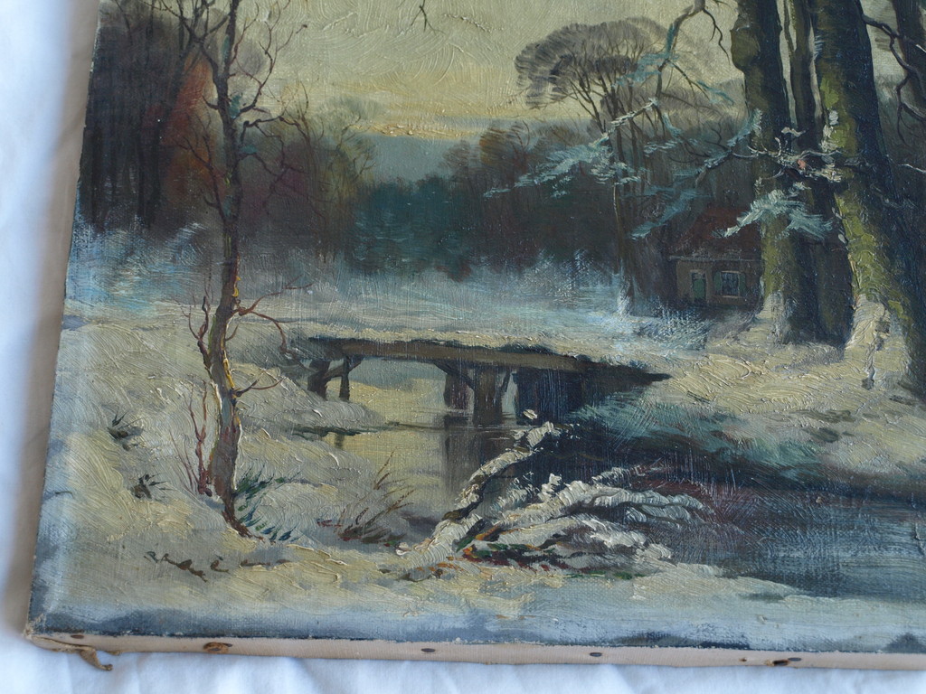 Onduidelijke signatuur : Olieverf op doek – Bosgezicht in de winter  kopen? Bied vanaf 50!
