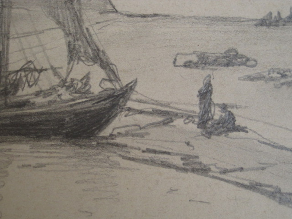 Fraaie potloodtekening G.L.Kiers (1838-1916)"vissersboten in haven Huizen 1883"  kopen? Bied vanaf 1!