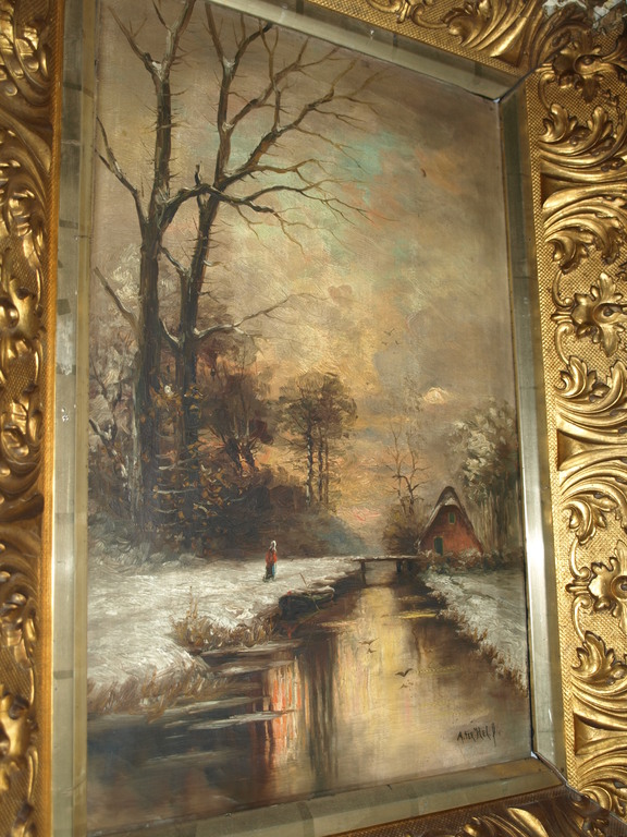 ADRIAAN TERHELL (1863-1949) – Olieverf in barokke lijst – Winterlandschap verkocht voor € 150!