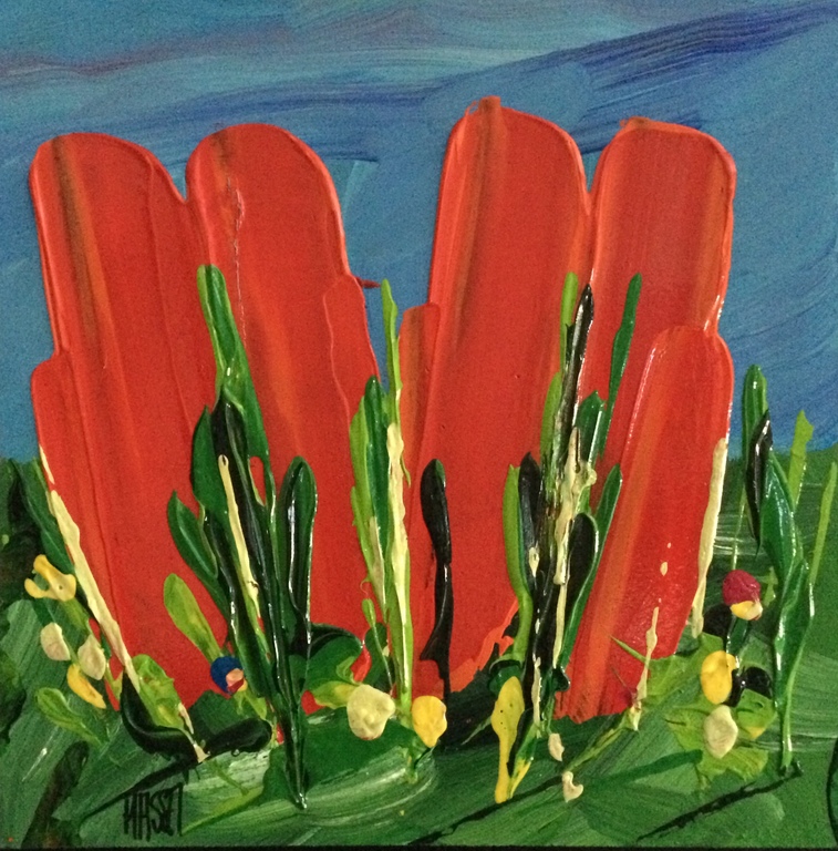 AD VAN HASSEL, 'Tulpen Rood' - origineel schilderij: acrylverf op MDF (incl. bak kopen? Bied vanaf 1!