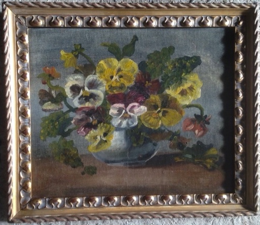 Schilderij Violen in vaas - gesigneerd 46 X 40 cm -in oude lijst. kopen? Bied vanaf 35!