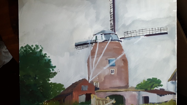 A. Huijsmans-evers: Aquarel, molen in landschap kopen? Bied vanaf 1!