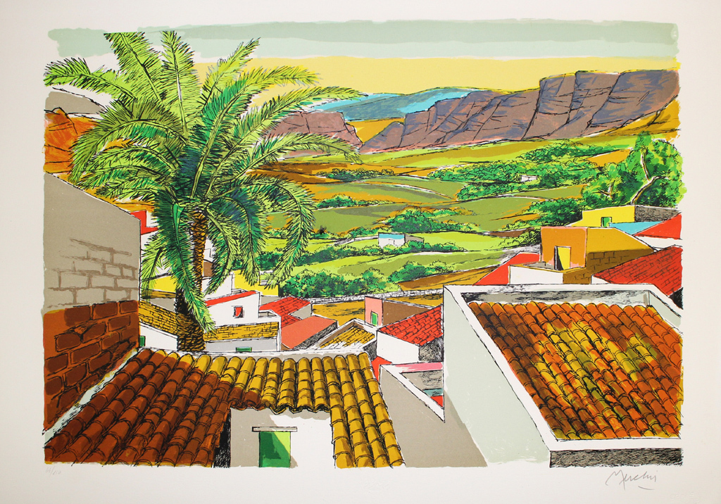 Renzo Meschis. -Tetti con Palma- Mooie Lithografie. 2016. Handgesigneerd. Groot! kopen? Bied vanaf 67!